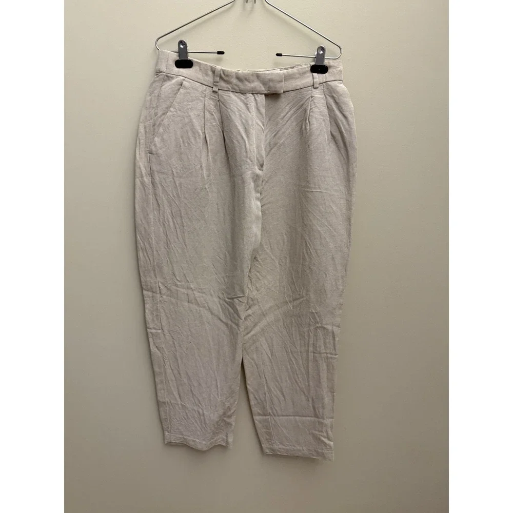 H&M Women's Linen Pants 12 Off White Business Casual Mid-Rise Tapered Leg‎